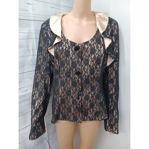 Ashro Lined Lace Jacket Top Black Beige Snap Button Front Sz 14